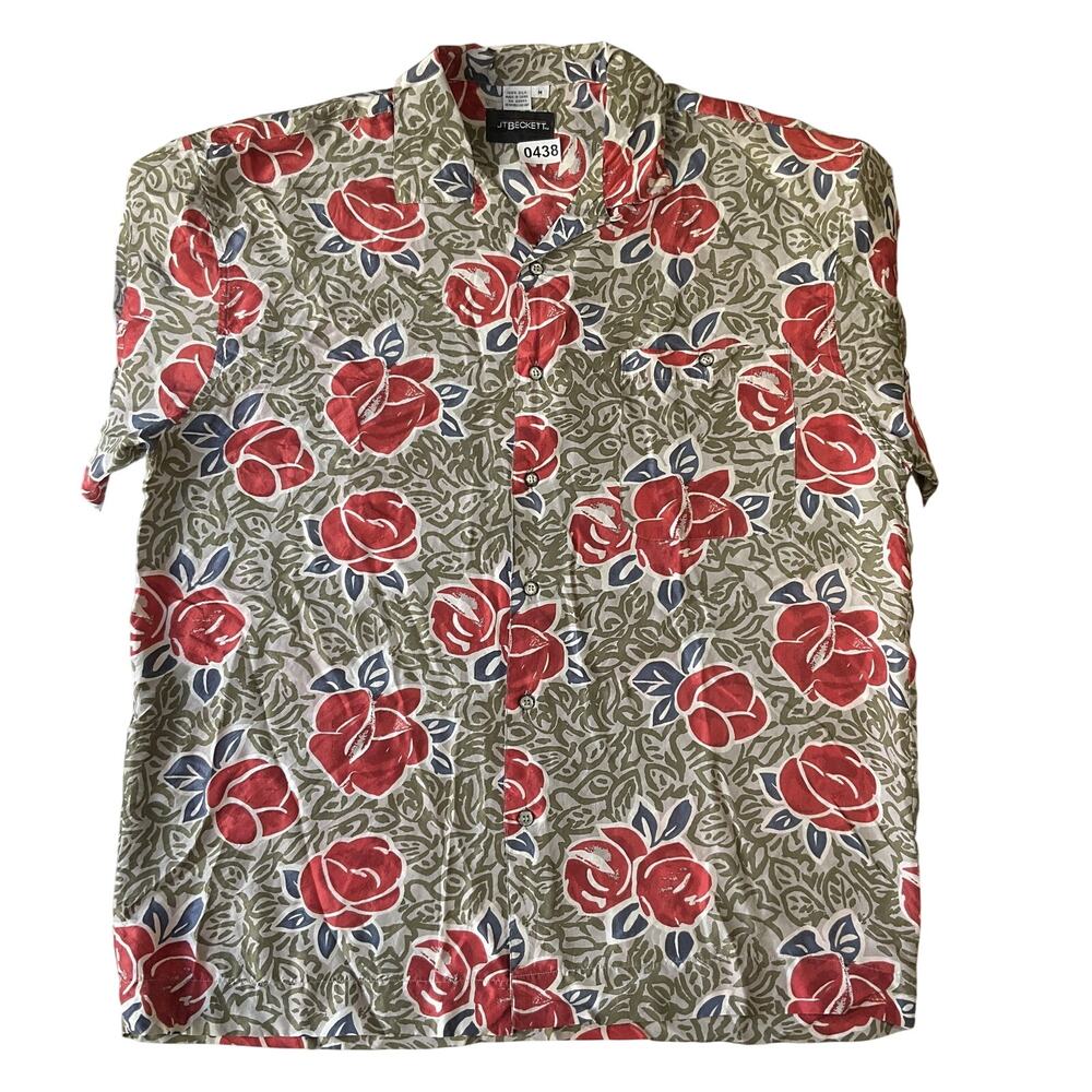 JT Beckett Men Button Up Shirt M Green 100% Silk Floral Short Sleeve Red Roses